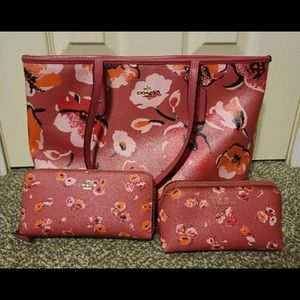 Coach pink floral purse, wallet, & makeup bag set
